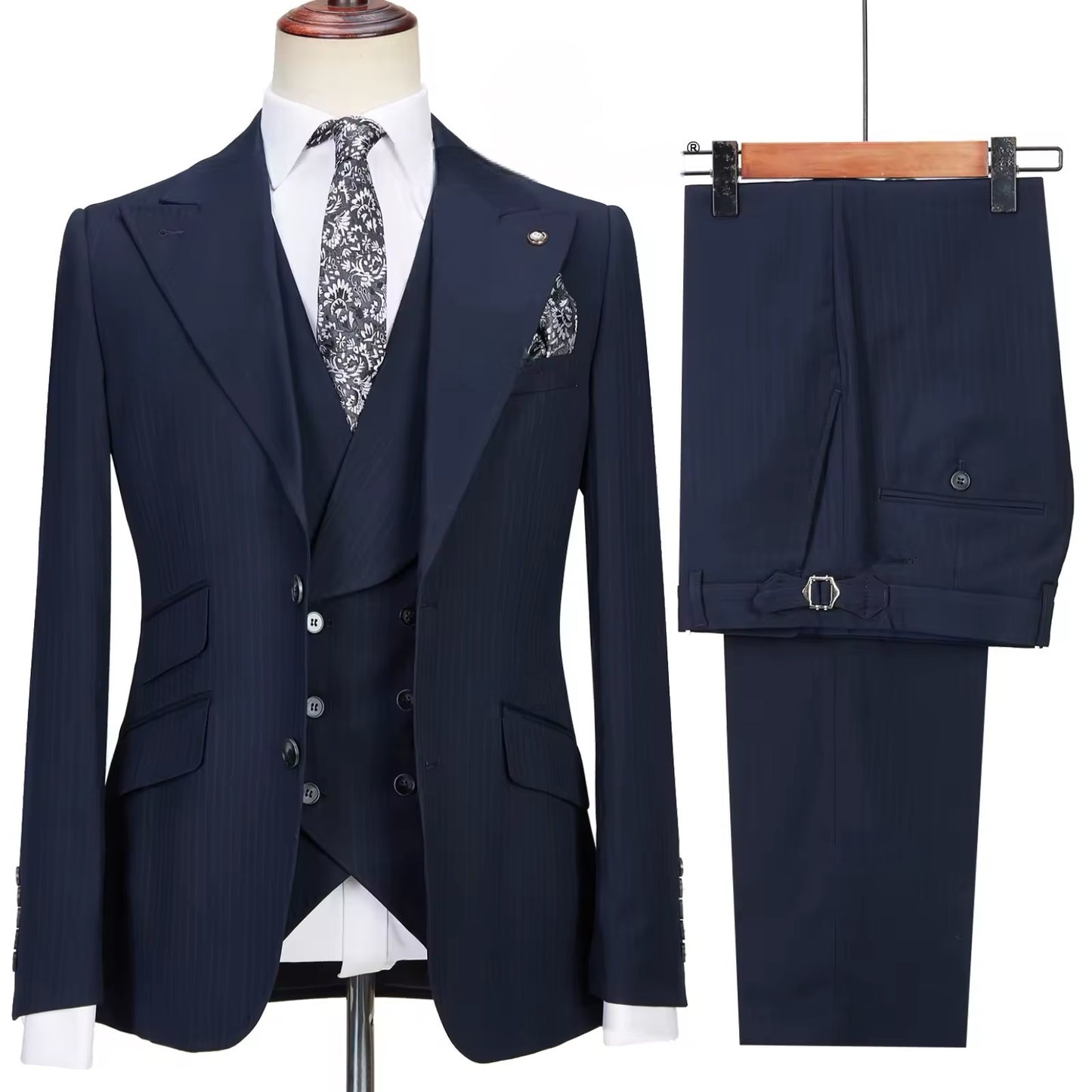 Dark Blue Pinstripe 3 Pièce Classic Men Suits Blazer