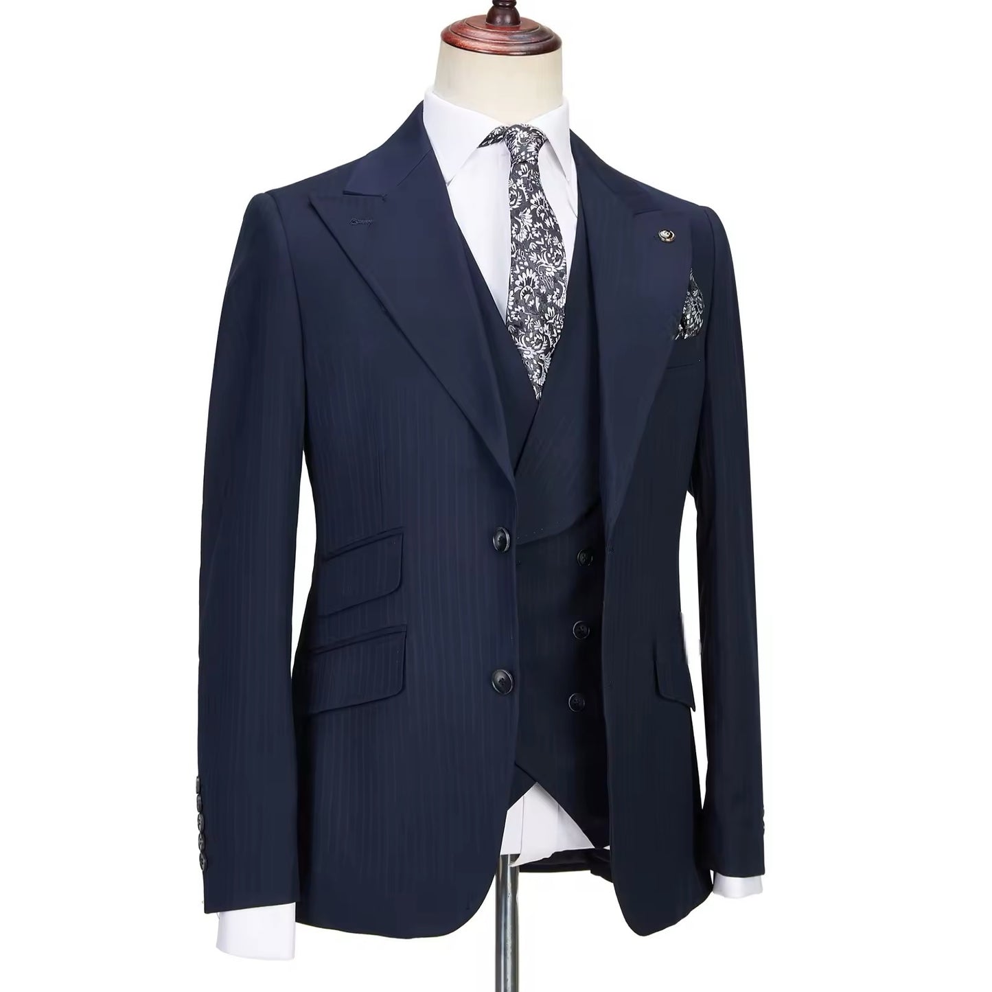 Dark Blue Pinstripe 3 Pièce Classic Men Suits Blazer
