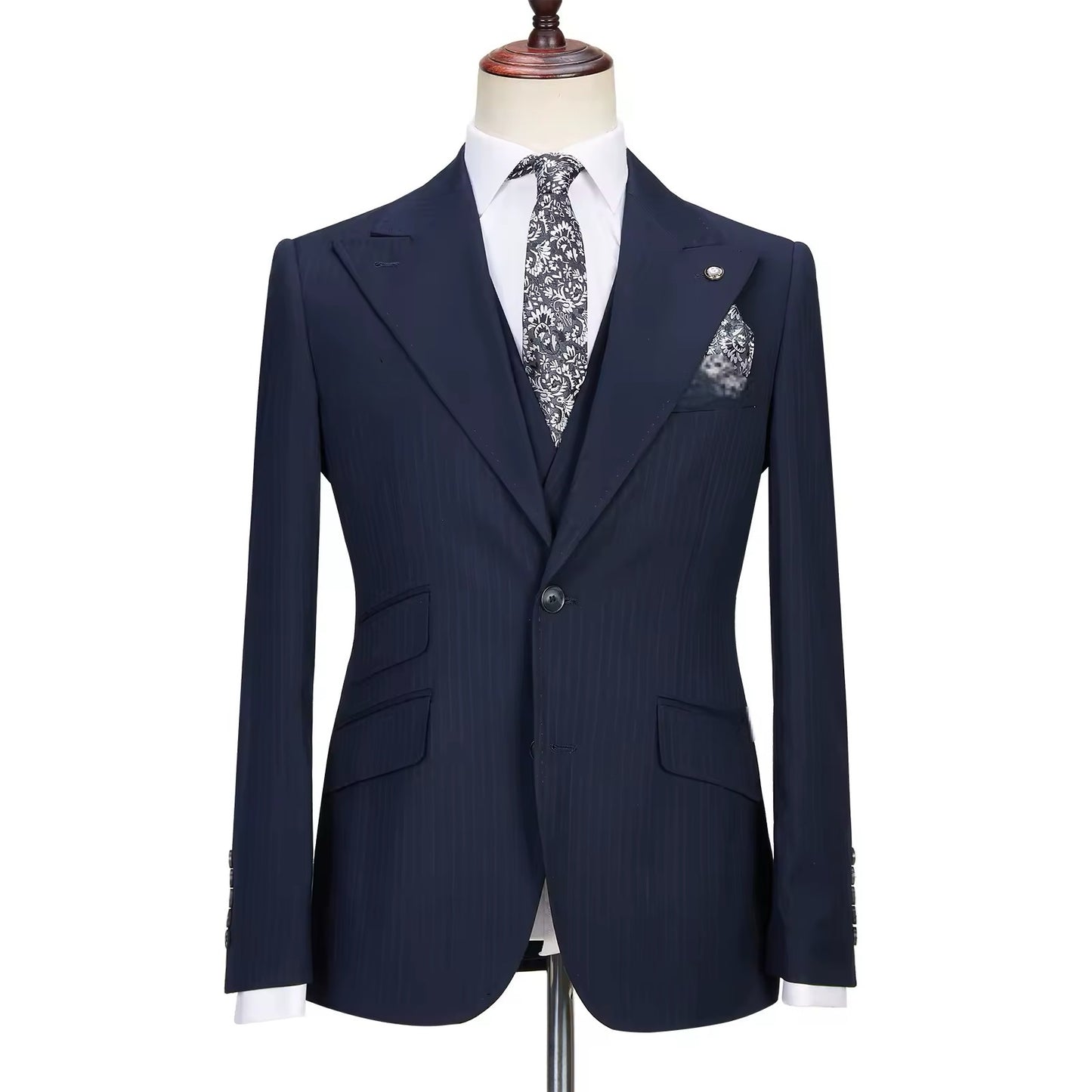 Dark Blue Pinstripe 3 Pièce Classic Men Suits Blazer