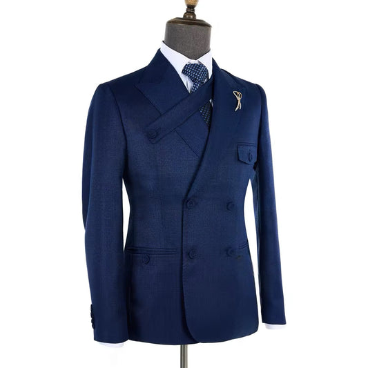 2024 New Elegant Blue Man Suits Double Breasted Hand Sewn Buttons
