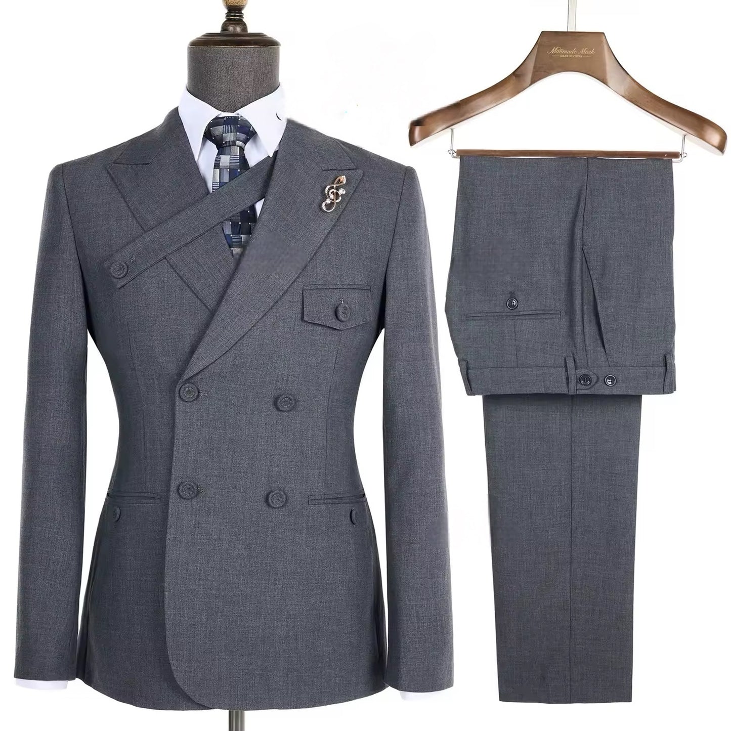 2024 New Elegant Grey Suits for Men Double Breasted Hand Sewn Buttons