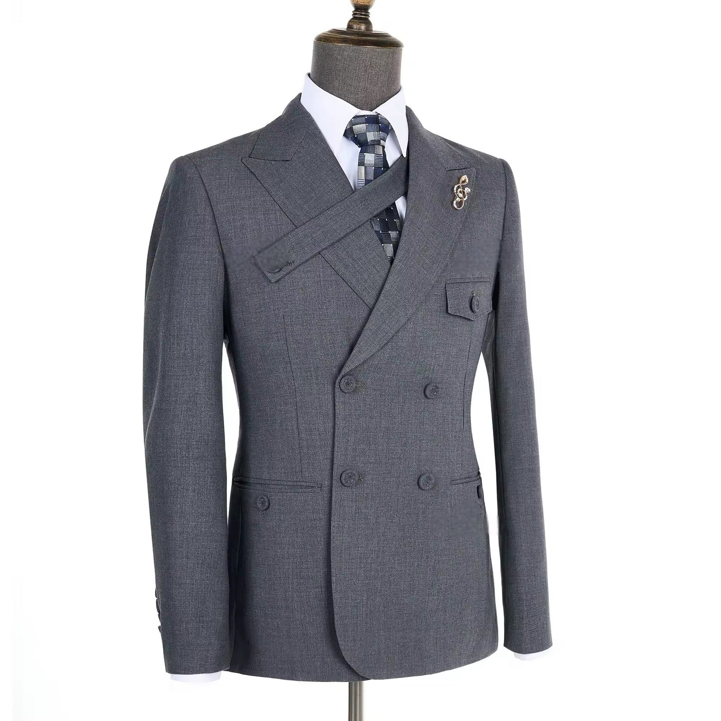 2024 New Elegant Grey Suits for Men Double Breasted Hand Sewn Buttons