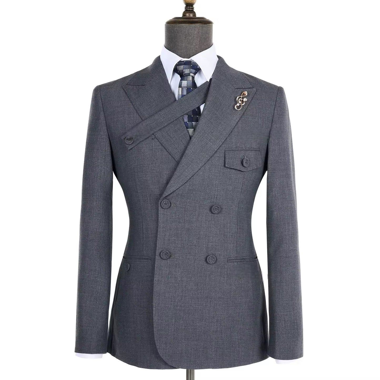 2024 New Elegant Grey Suits for Men Double Breasted Hand Sewn Buttons