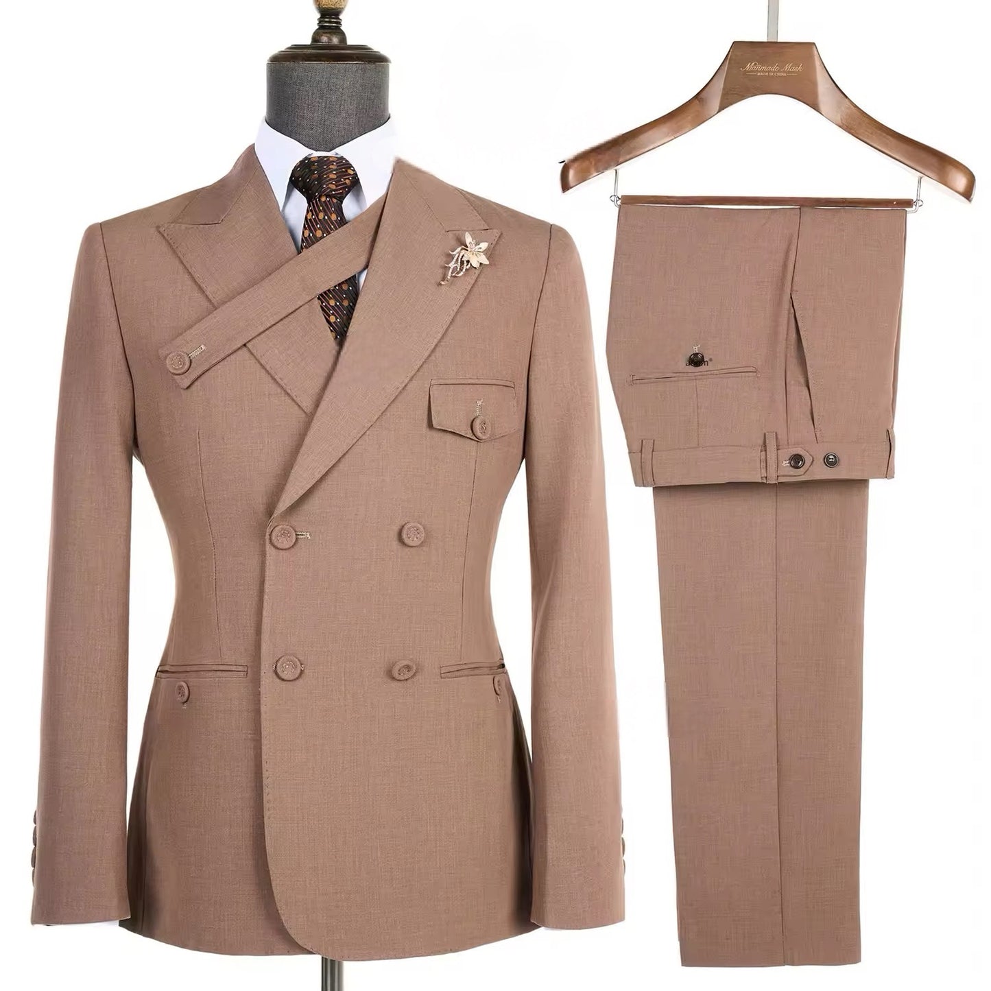 2024 New Elegant Brown Double Breasted Suits for Men Hand Sewn Buttons