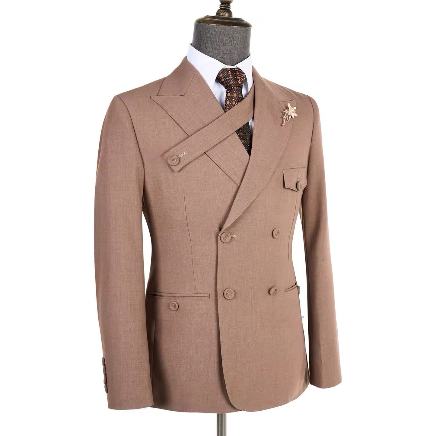 2024 New Elegant Brown Double Breasted Suits for Men Hand Sewn Buttons