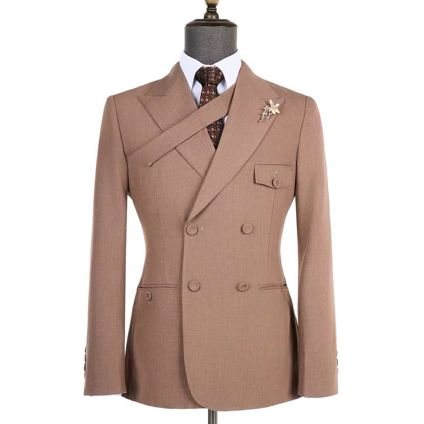 2024 New Elegant Brown Double Breasted Suits for Men Hand Sewn Buttons