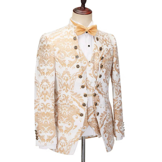 2024 New Men Suits Floral Jacquard Blazers Waistcoat