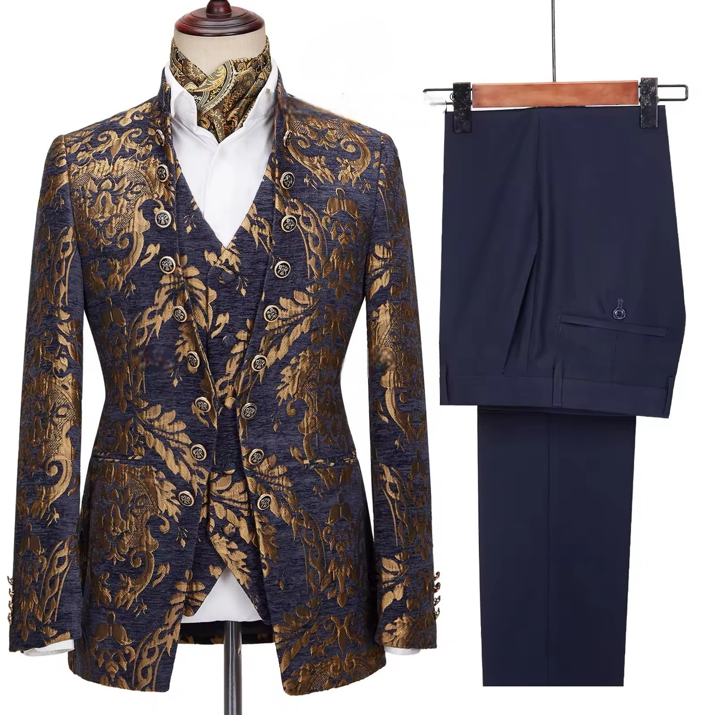 2024 New Men Suits Floral Jacquard Blazers Waistcoat