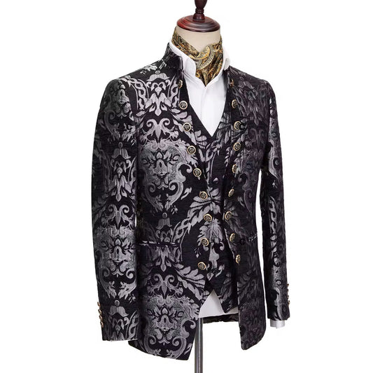 2024 New Men Suits Floral Jacquard Blazers Waistcoat