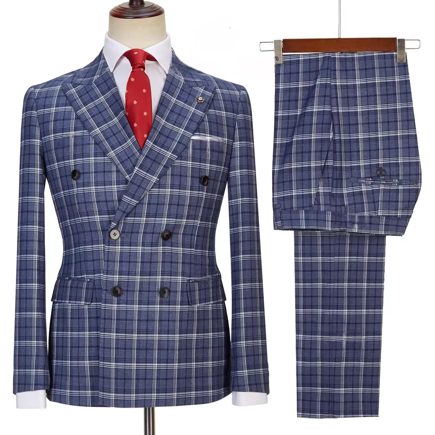 2022 New Double Breasted Plaid Suit Men