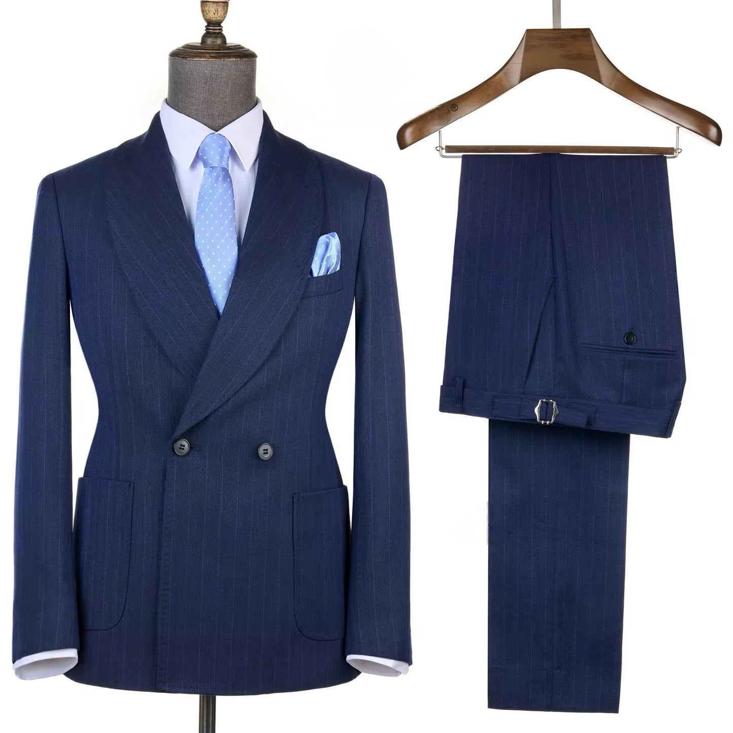 2025 Navy Blue Striped Double-Breasted