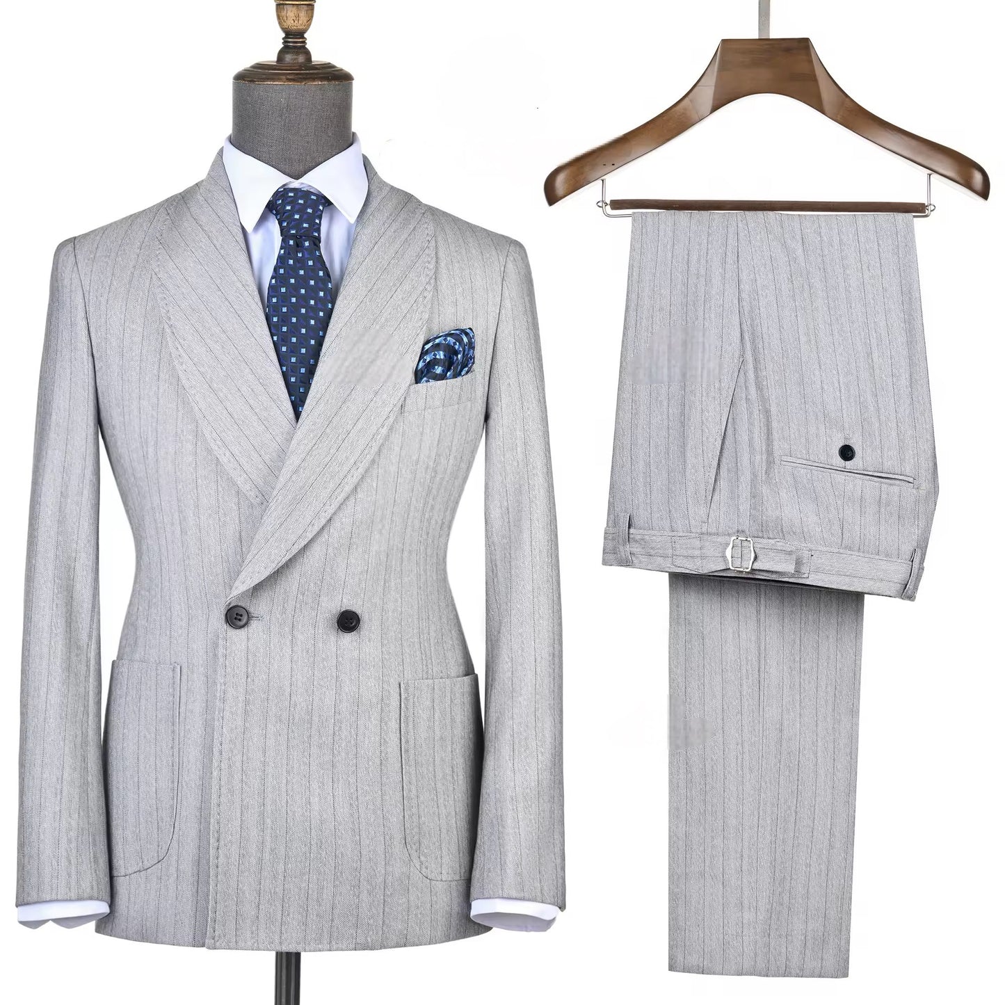 2025 Light Grey Striped Double-Breasted