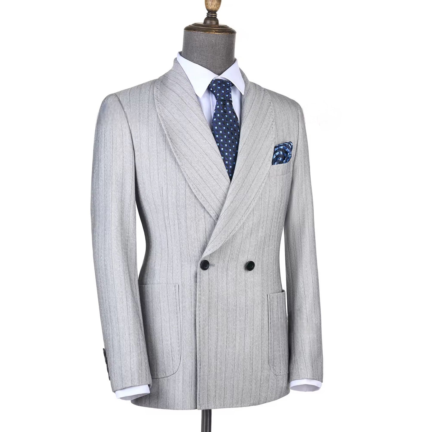 2025 Light Grey Striped Double-Breasted